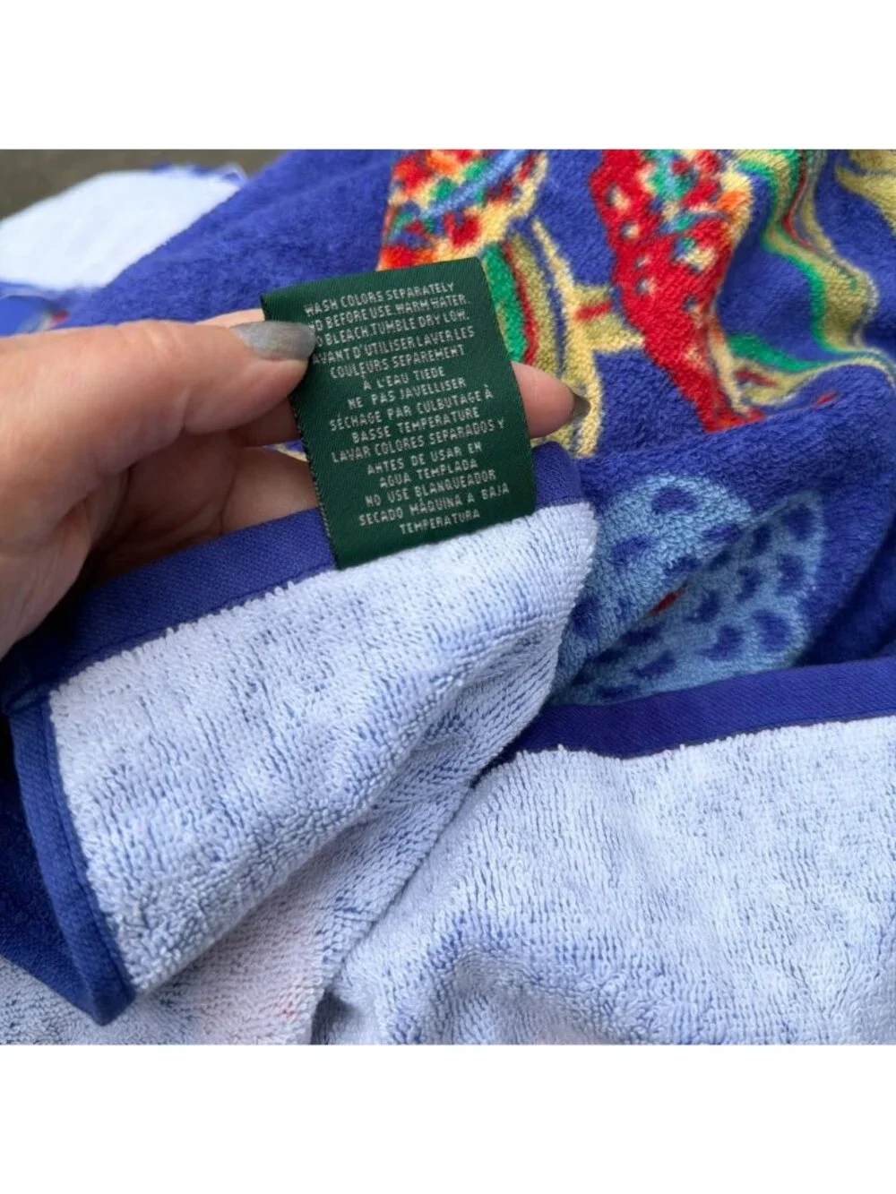 Vintage 90s Ralph Lauren Beach Towel Blue Red Hibiscus Floral RLL Logo Cotton La